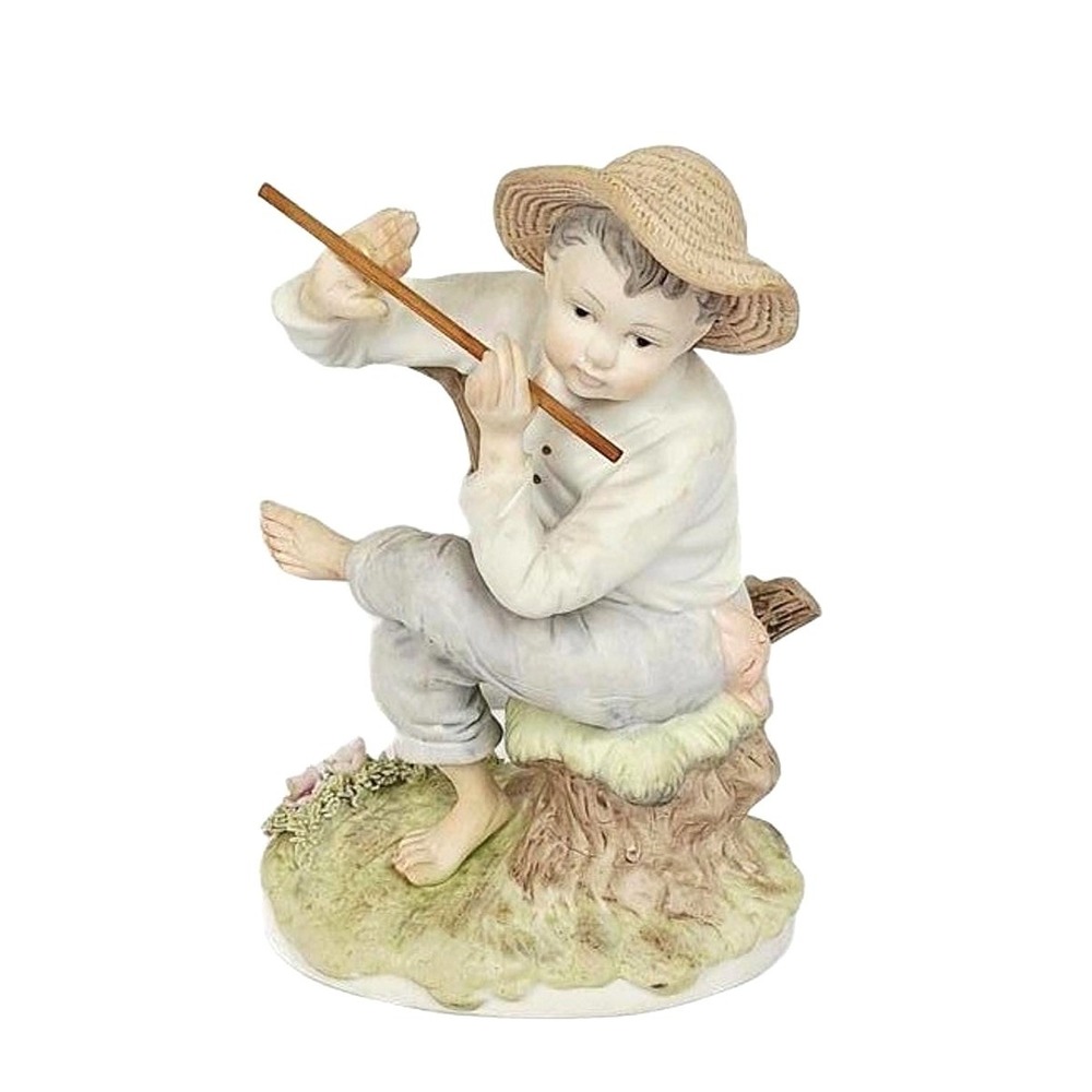 Lefton China Boy‎ with Flute Straw Hat Figurine KW224 Porcelain Bisque Vintage